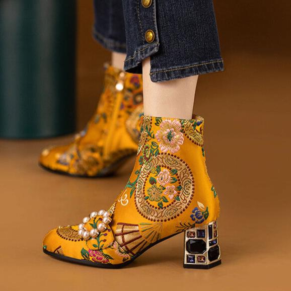 Bohemia vintage satin embroidery block heels boots decorated with pearls and rhinestone