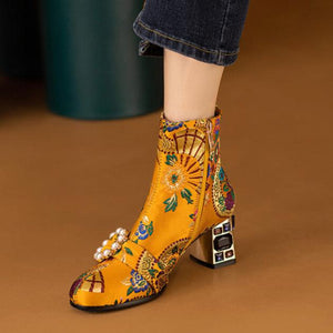 Bohemia vintage satin embroidery block heels boots decorated with pearls and rhinestone