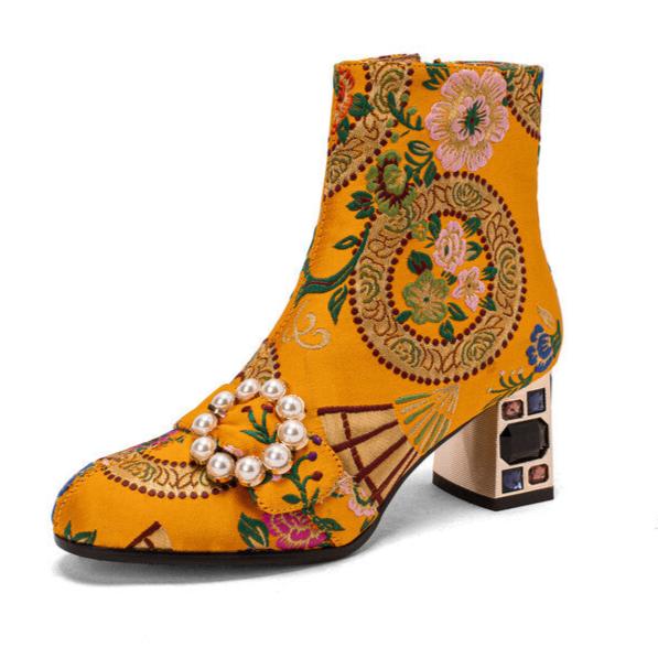Bohemia vintage satin embroidery block heels boots decorated with pearls and rhinestone