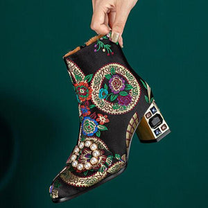 Bohemia vintage satin embroidery block heels boots decorated with pearls and rhinestone