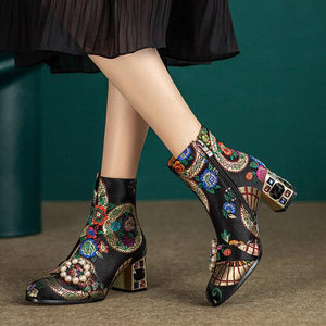 Bohemia vintage satin embroidery block heels boots decorated with pearls and rhinestone