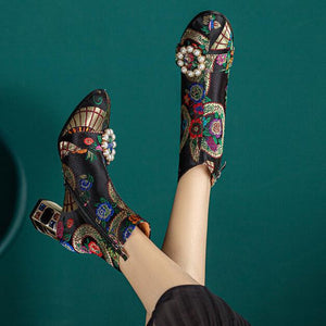 Bohemia vintage satin embroidery block heels boots decorated with pearls and rhinestone