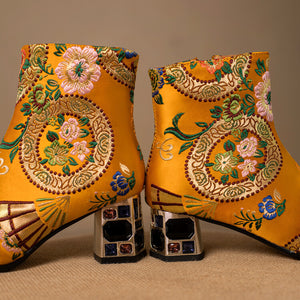 Bohemia vintage satin embroidery block heels boots decorated with pearls and rhinestone