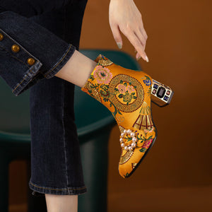 Bohemia vintage satin embroidery block heels boots decorated with pearls and rhinestone