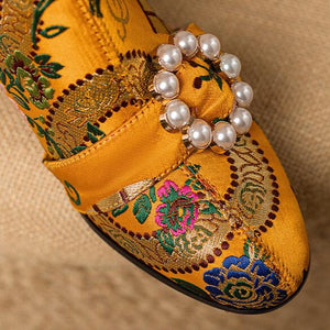 Bohemia vintage satin embroidery block heels boots decorated with pearls and rhinestone