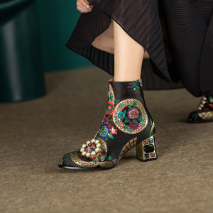 Bohemia vintage satin embroidery block heels boots decorated with pearls and rhinestone