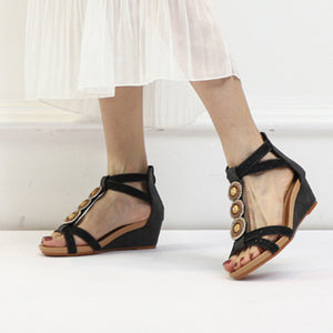 Bohemia beads decor T-strap wedge sandals