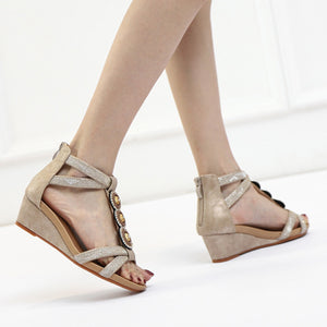 Bohemia beads decor T-strap wedge sandals