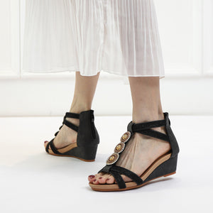Bohemia beads decor T-strap wedge sandals