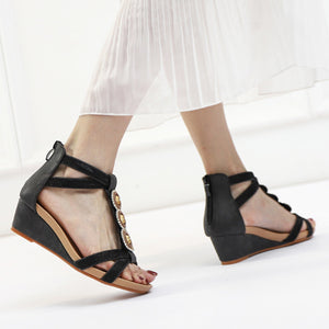 Bohemia beads decor T-strap wedge sandals