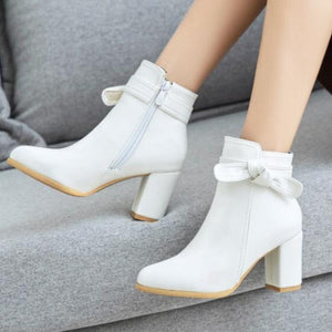 Bowknot block heels ankle boots