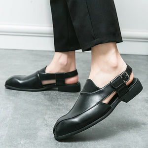 ‌British Style Men's Slip-On Sandals with Buckle, Breathable Dress Footwear
