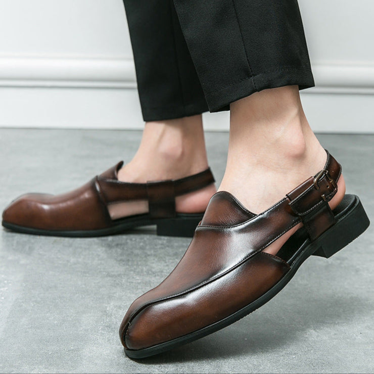 ‌British Style Men's Slip-On Sandals with Buckle, Breathable Dress Footwear