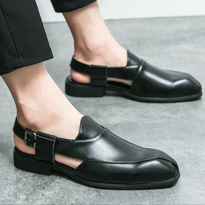 black ‌British Style Men's Slip-On Sandals with Buckle, Breathable Dress Footwear