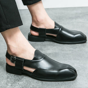 black ‌British Style Men's Slip-On Sandals with Buckle, Breathable Dress Footwear
