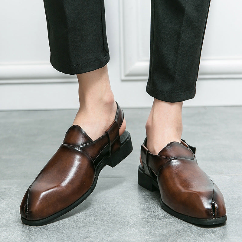 brown ‌British Style Men's Slip-On Sandals with Buckle, Breathable Dress Footwear