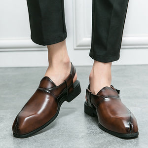 brown ‌British Style Men's Slip-On Sandals with Buckle, Breathable Dress Footwear