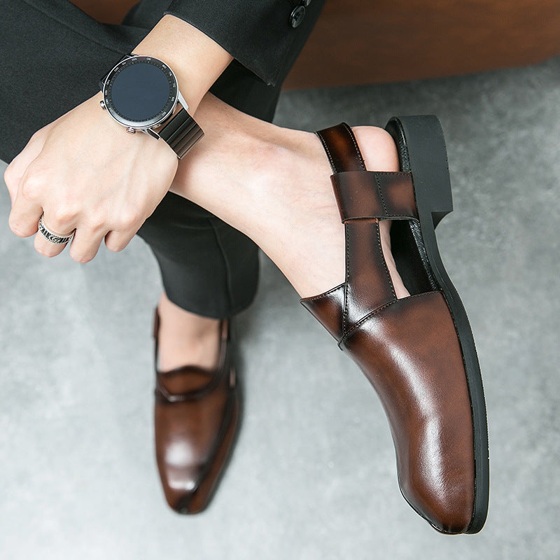 brown ‌British Style Men's Slip-On Sandals with Buckle, Breathable Dress Footwear