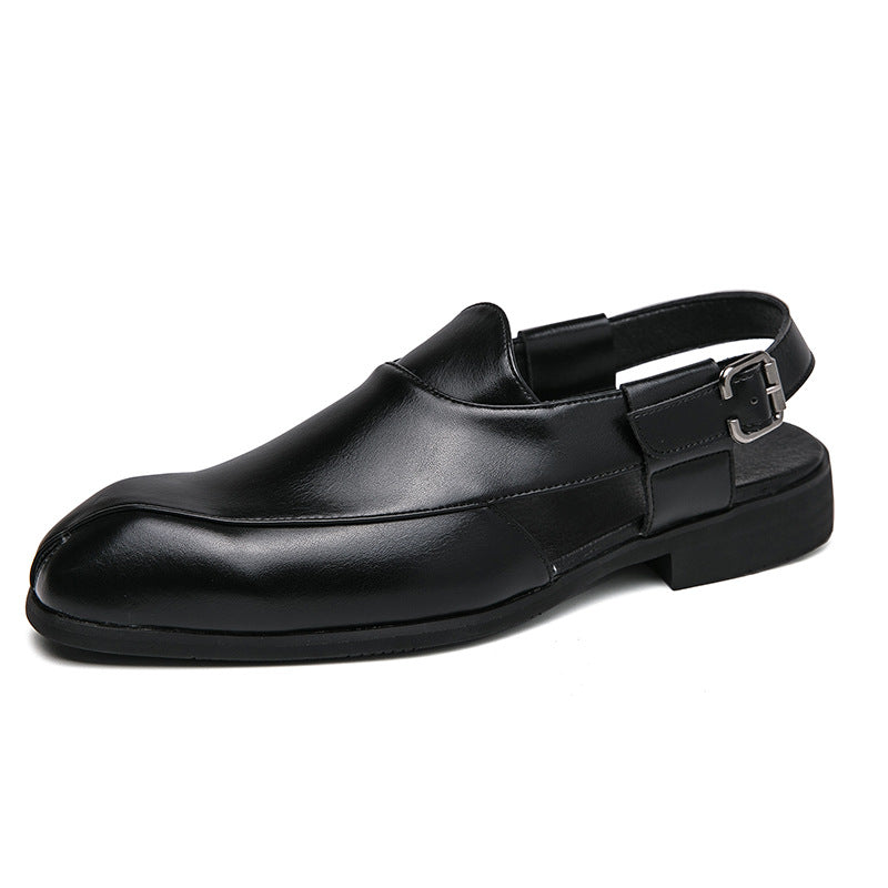 black ‌British Style Men's Slip-On Sandals with Buckle, Breathable Dress Footwear