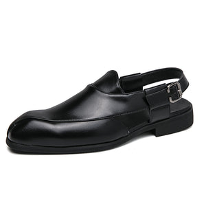 black ‌British Style Men's Slip-On Sandals with Buckle, Breathable Dress Footwear