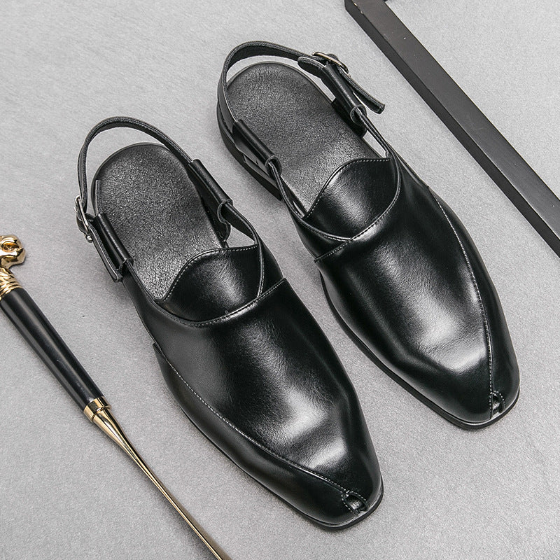 black ‌British Style Men's Slip-On Sandals with Buckle, Breathable Dress Footwear