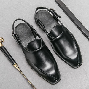 black ‌British Style Men's Slip-On Sandals with Buckle, Breathable Dress Footwear
