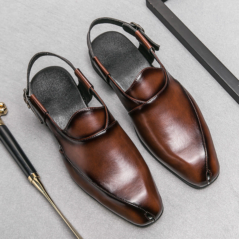 brown ‌British Style Men's Slip-On Sandals with Buckle, Breathable Dress Footwear