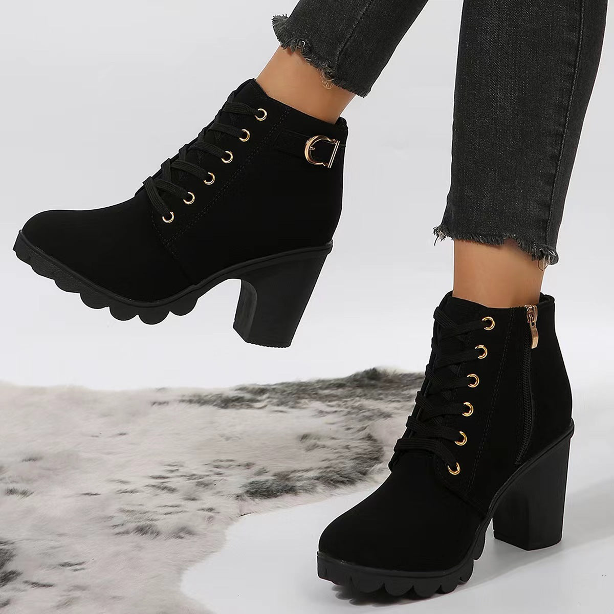 Chunky heel combat boots lace-up ankle boots fashion combat boots for women
