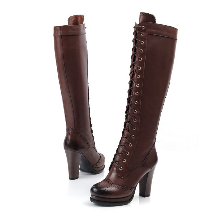 brown Chunky platform high heels brogue knee high knight boots