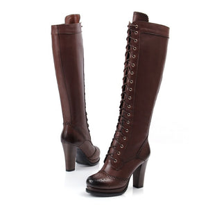 brown Chunky platform high heels brogue knee high knight boots