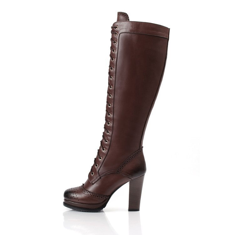 Chunky platform high heels brogue knee high knight boots