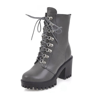 Chunky platform high heels round toe combat boots gothic booties