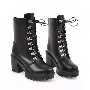 Chunky platform high heels round toe combat boots gothic booties