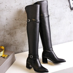 Chunky heels over the knee boots with buckles