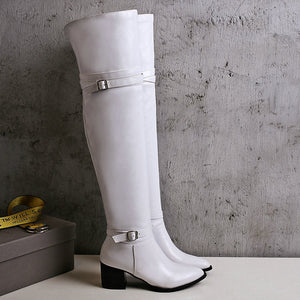 Chunky heels over the knee boots with buckles