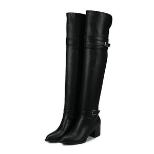 black Chunky heels over the knee boots with buckles