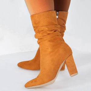 Chunky high heels slouch mid calf boots faux suede boots