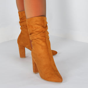 Chunky high heels slouch mid calf boots faux suede boots