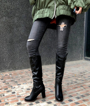 Chunky high heels under the knee slouchy biker boots