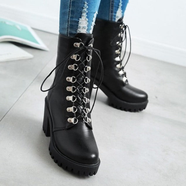 Chunky platform high heels round toe combat boots gothic booties