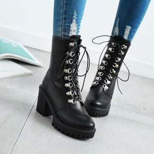 Chunky platform high heels round toe combat boots gothic booties