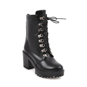 Chunky platform high heels round toe combat boots gothic booties