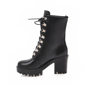 Chunky platform high heels round toe combat boots gothic booties