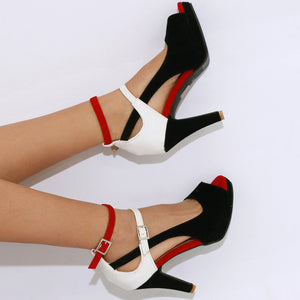 Color block peep toe high heels sandals with ankle strap