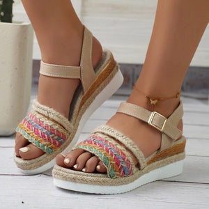 Colorful Woven Strap Wedge Heels Sandals With Ankle Strap