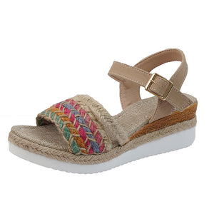 Colorful Woven Strap Wedge Heels Sandals With Ankle Strap