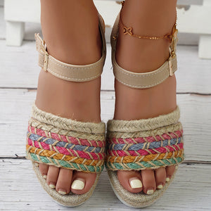 Colorful Woven Strap Wedge Heels Sandals With Ankle Strap