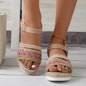 Colorful Woven Strap Wedge Heels Sandals With Ankle Strap