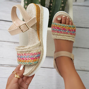 Colorful Woven Strap Wedge Heels Sandals With Ankle Strap