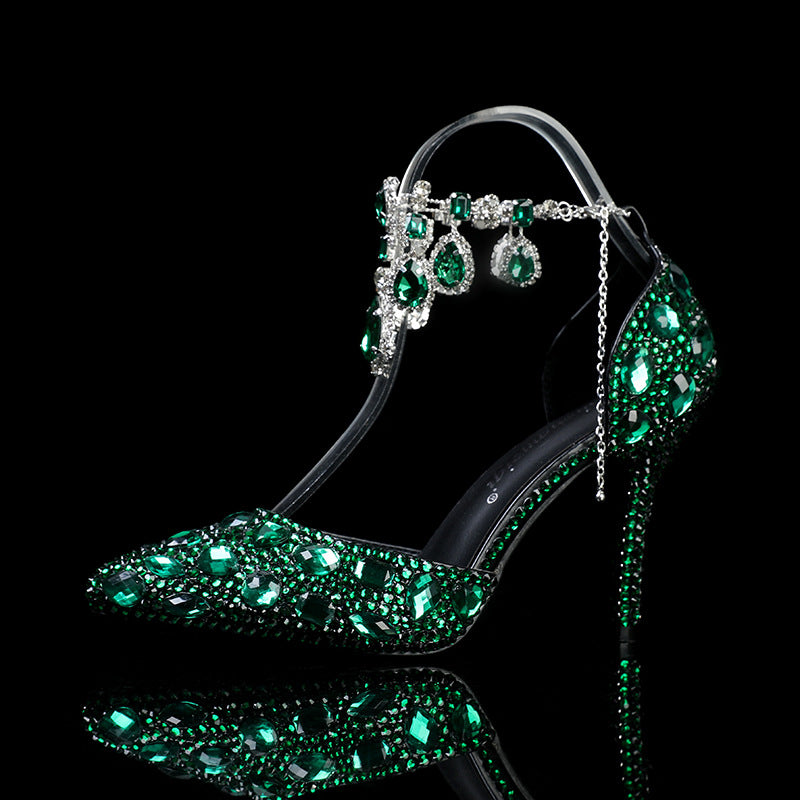 Crystal Rhinestone Stiletto Heels with Ankle Jewelry Chain